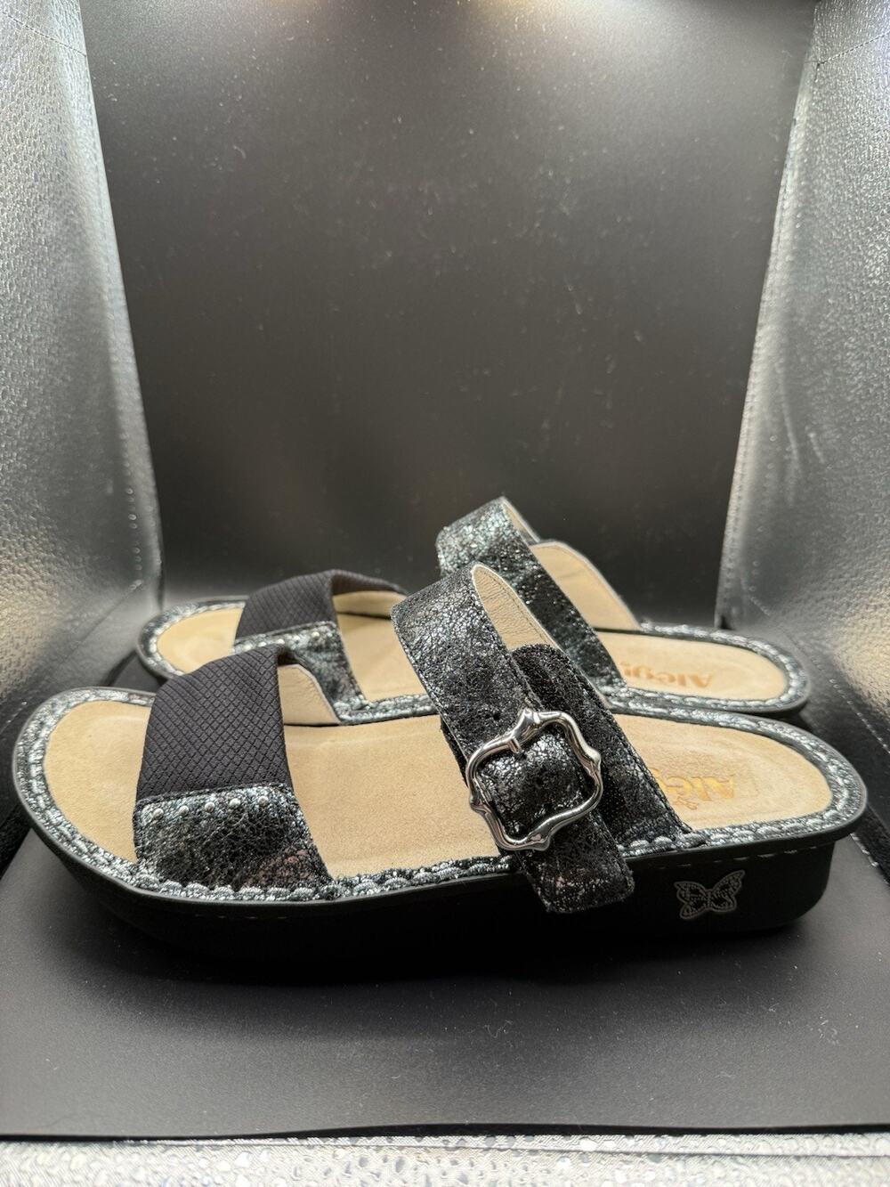 Alegria Sandals Womens Karmen Slides Black metallic Leather Slip On size 40 9
